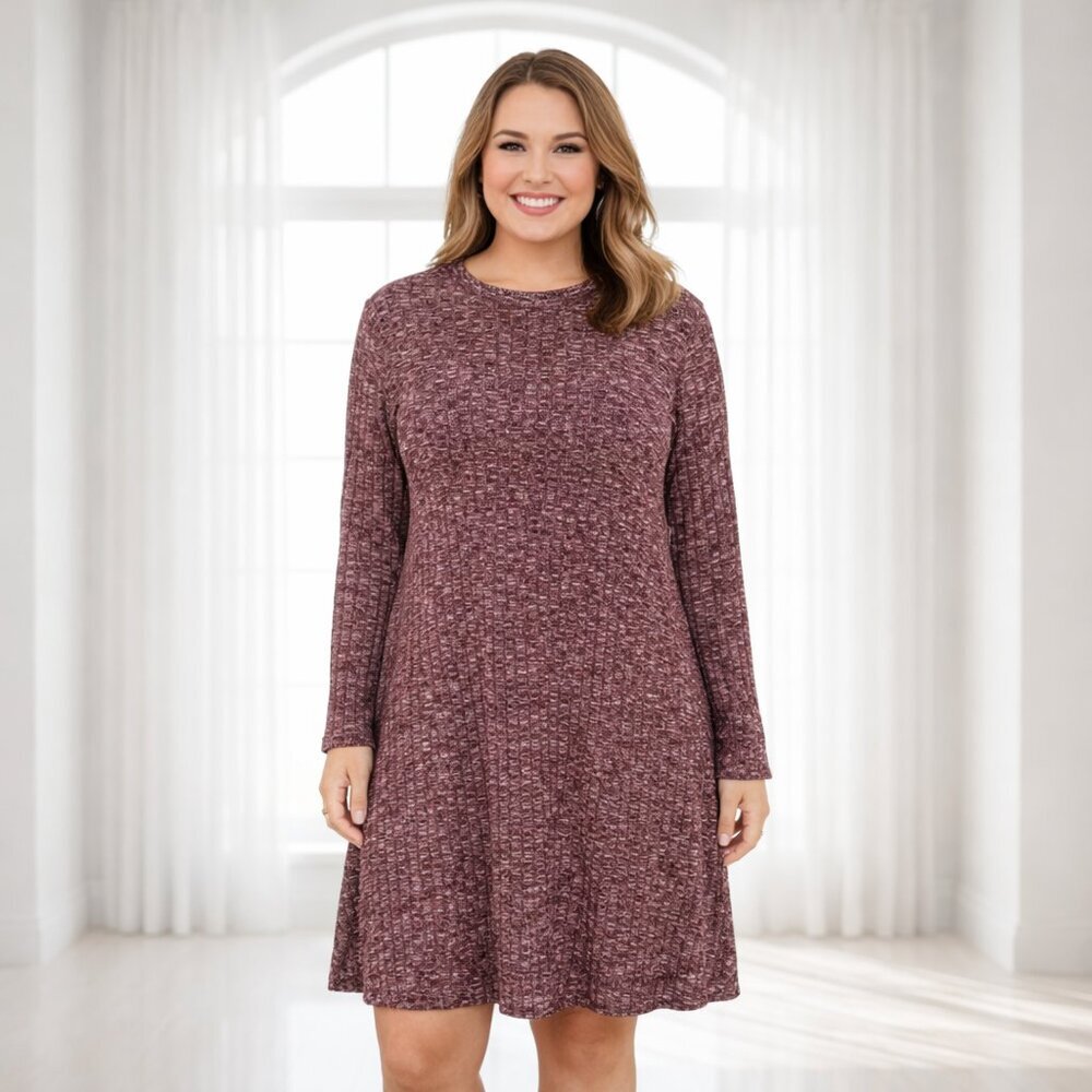 2 / $20 Bobbie Brooks Textured Knit A-Line Sweater Dress Large Burgundy Cozy